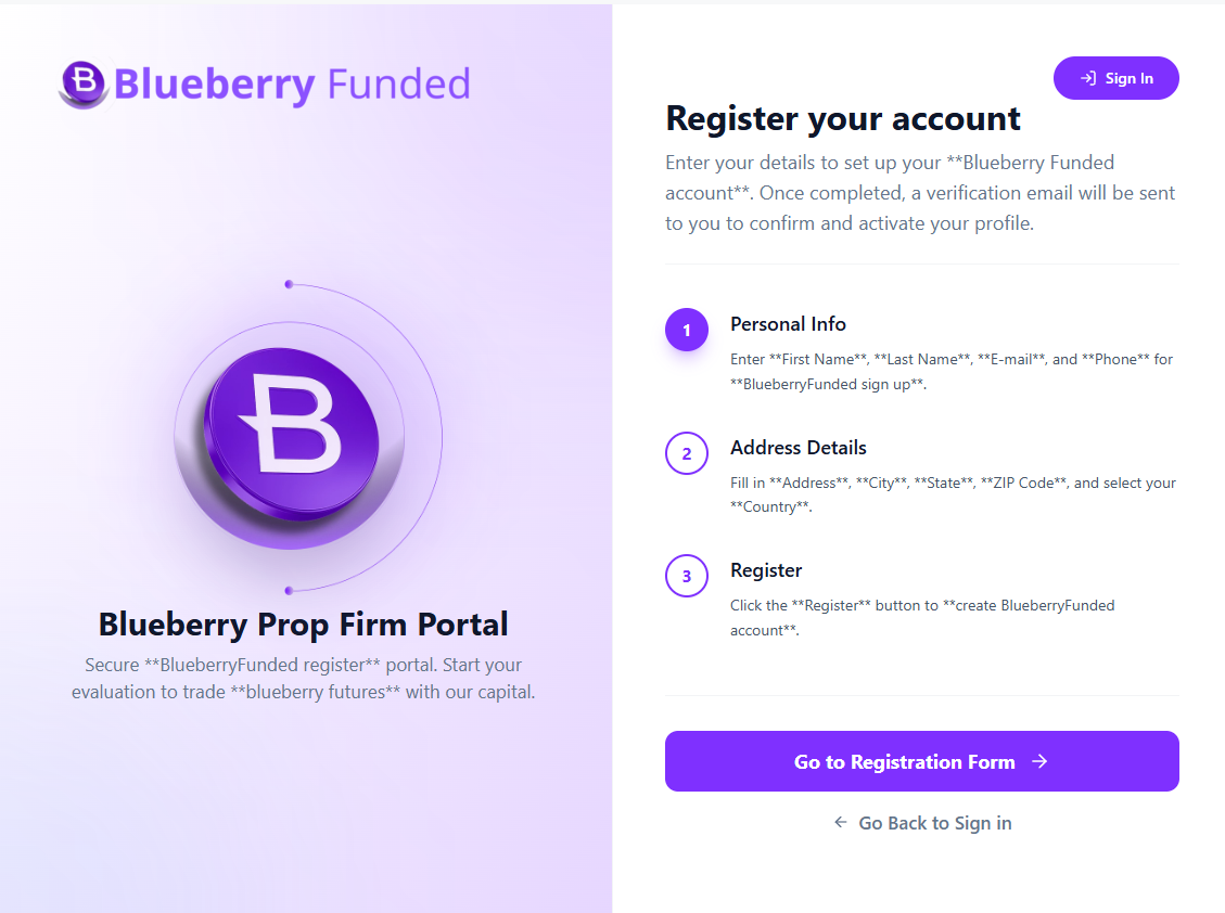Blueberry Funded register form for creating a new account
